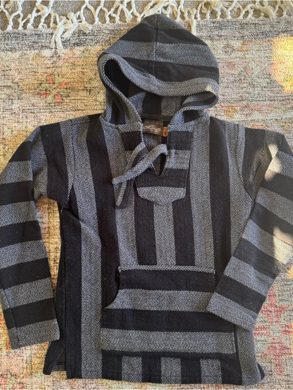Baja Gray and Black Striped Hooded Pullover Sweater- Mens Small